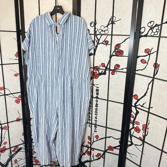 Eloquii Jumpsuit Blue White Striped Linen Blend Straight Leg Size 28 Collared - Picture 7 of 7